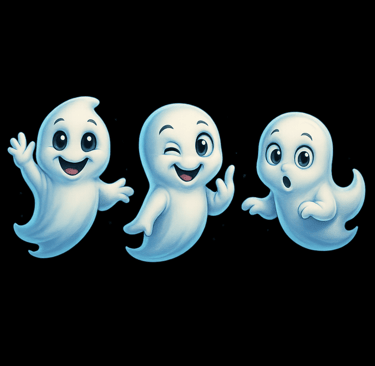 Three cute cartoon ghosts floating with playful expressions and poses