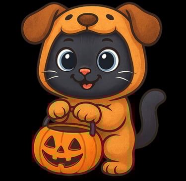 Cute cartoon black cat in an orange dog costume holding a pumpkin trick-or-treat bucket