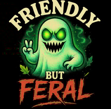 Green glowing ghost flashing a peace sign with text “Friendly But Feral” in bold spooky font.