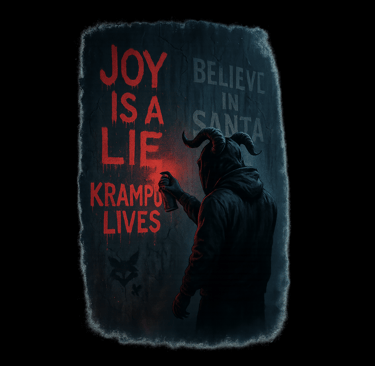 A hooded Krampus figure spray-paints “JOY IS A LIE – KRAMPUS LIVES” in red graffiti over a faded “BE