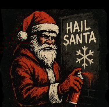 Grim vintage Santa spray-paints “HAIL SANTA” beside a snowflake on a dark wall.