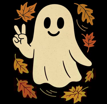 Cute smiling ghost flashing a peace sign surrounded by falling autumn leaves on a black background.
