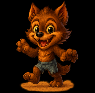 Cute baby werewolf in ragged shorts with a big grin, cartoon creepy-cute style.