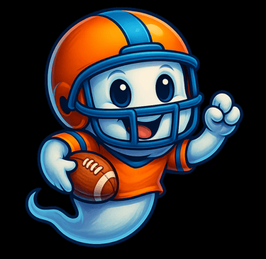 Cartoon ghost in football gear with helmet and ball, playful spooky Halloween sports design.