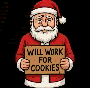 Sad cartoon Santa holds a cardboard sign reading “Will Work for Cookies.”