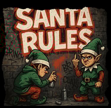 Two mischievous elves graffiti “SANTA RULES” on a brick wall; one sprays while the other flips the v