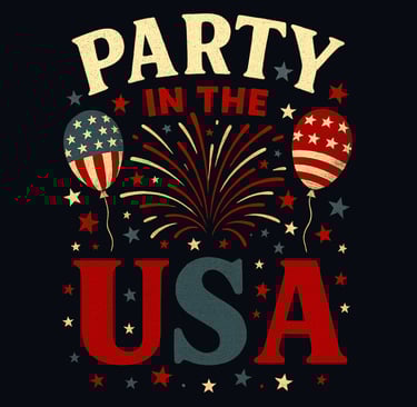 Vintage Party in the USA design with balloons, fireworks, and stars in red, white & blue