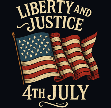 Vintage U.S. flag with 'Liberty and Justice' and '4th July' in bold serif text