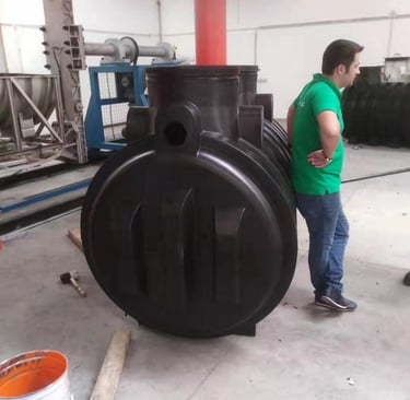 Rotomolded plastic tanks and containers produced by rotational molding.