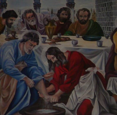 a painting of jesus washing his feet in a bowl