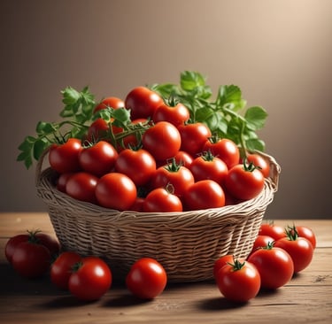 Close-up of fresh tomatoes and cucumbers in a bright market setting