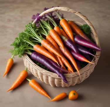 Fresh carrots, potatoes, and onions displayed on a wooden table