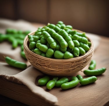 Colorful bell peppers and eggplants neatly arranged in a rustic basket