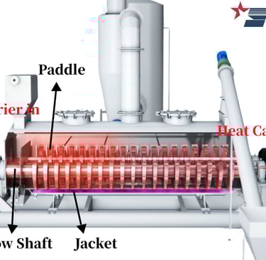 Cross-section of a paddle dryer showing indirect heat transfer via hollow shafts and heated paddles.