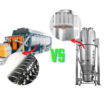 comparison of paddle dryer (rotating paddles) and fluidized bed dryer (airflow fluidization)