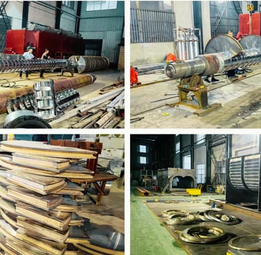 an assembly line carefully installing key components of an industrial paddle dryer