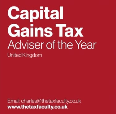 Red and white box showing award of Capital Gains Tax Advisor of the Year