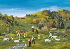 a painting of a farm scene with a herder