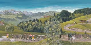 a painting of a mountain scene with a herd of cattle