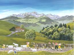 a painting of a herder walking down a road