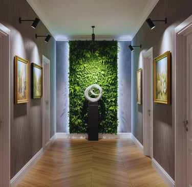 un corridoio con ai lati porte bianche e quadri illuminati. infondo una parete con verde stabilizzato e una scultura