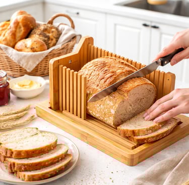 Slicing fresh homemade whole wheat bread using a bamboo bread slicer guide on a white kitchen counter.
