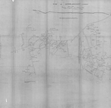 Plan der Mine bei Gemmelaincourt. Kohlemine, Stollen, Schacht, Galerien