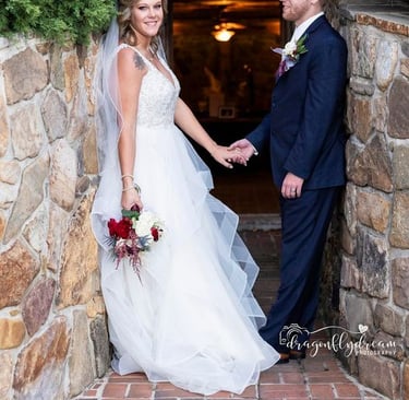 a bride and groom holding hands and holding hands