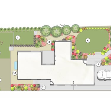a plan of a house with a garden and landscaping