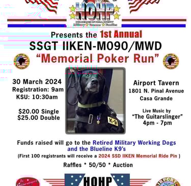 HOHP flyer, displaying the HOHP Eagle logo and the text "Memorial Poker Run" for SSGT IIKEN-MO90/MWD