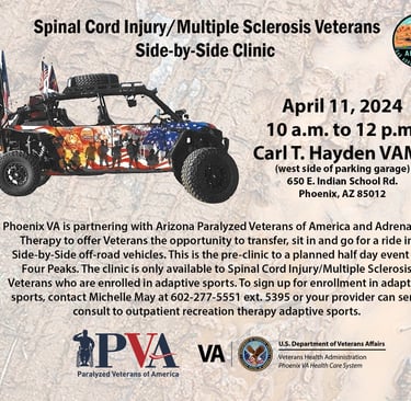 Image is a flyer for the Spinal Cord Injury/Multiple Sclerosis Veterans Side-by-Side Clinic.