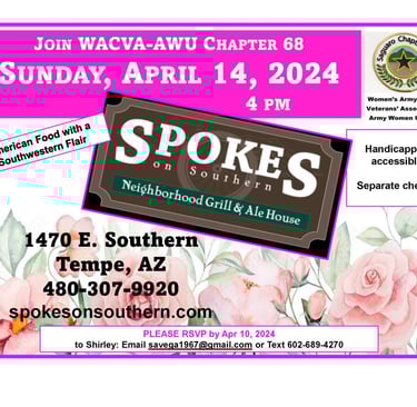 Flyer with bright pinks and roses for the WAVCA-AWU Chapter 68 event at Spokes on Southern