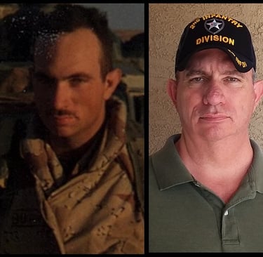 Image is of 2 photographs of UAV Chair Travis Burns. On the left is a photo from when the was active
