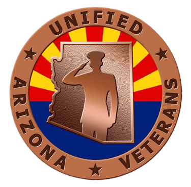 Unified Arizona Veterans logo. A copper soldier saluting infront of the state of Arizona, with the AZ flag as the background.