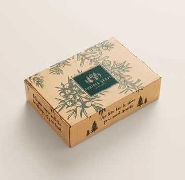 Elegant and eco-conscious packaging design for Juniper Grove, emphasizing sustainability and nature.