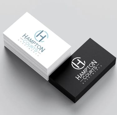 Modern logo and branding design for Hampton Courts, featuring bold typography and subtle blue color