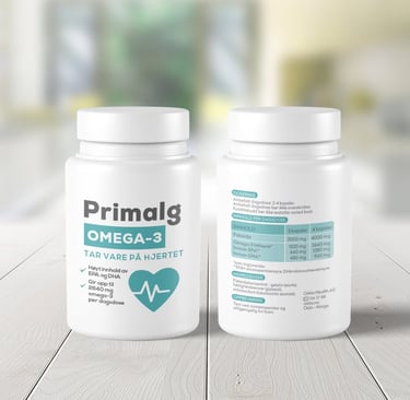 Clean and minimal packaging design for PrimalG Omega-3, highlighting purity and health benefits.