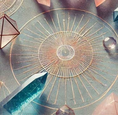 una variedad de cristales sobre la mesa entre ellos destacan los cinco sólidos platónicos