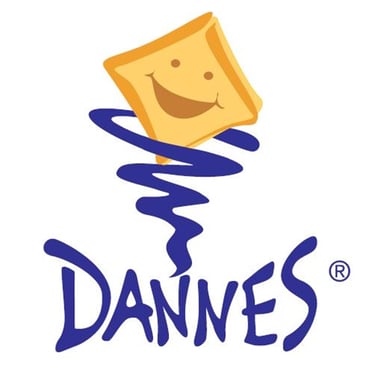 Dannes logo featuring a smiling yellow snack square icon above a blue swirl.
