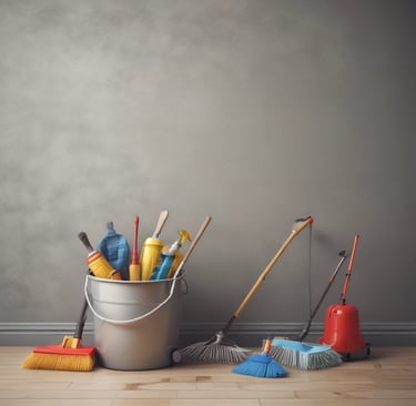 A woman in a dark uniform with a white apron and hair ribbon is cleaning the handle of a door. The setting appears to be the entrance to an old building with stone walls and a metal grate on the ground. A brass-finished metal container is positioned near the entrance.