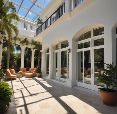 Two window cleaners are suspended by ropes, working on cleaning the glass windows of a tall building. Each cleaner is equipped with tools and a bucket, skillfully moving along the facade with safety harnesses. The building features reflective blue-tinted glass panels, creating a striking geometric pattern.