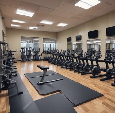 A person is cleaning a glass surface on a modern building using a squeegee. They stand on a narrow ledge with a safety harness attached. Another person is on an escalator inside the building, partially visible through the glass.