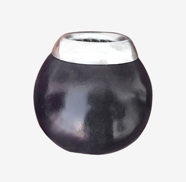 Handcrafted black ceramic yerba mate gourd cup with a polished silver rim