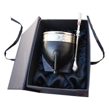 Handcrafted black leather mate gourd and alpaca silver bombilla in a premium gift box.