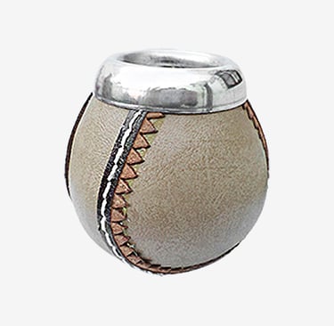 Handcrafted leather yerba mate gourd cup with decorative stitching and silver metal rim.
