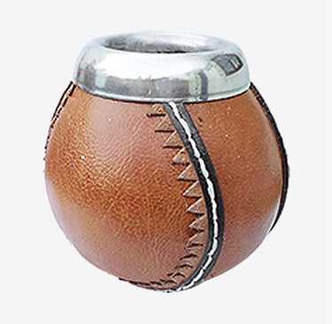 Traditional Argentine mate gourd wrapped in brown stitched leather with a silver rim.
