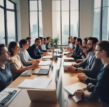 a group of people sitting around a table