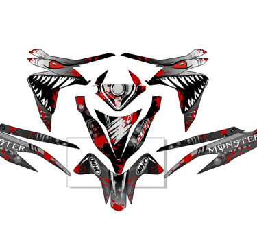 Custom Monster Energy motorcycle decal kit with red splatter and shark teeth graphics.