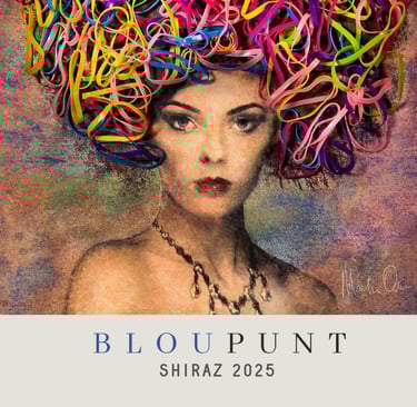 Candy Girl by Martin Osner – featured on Blou Punt Shiraz 2025 label, a hand-painted portrait with real rubber band details.