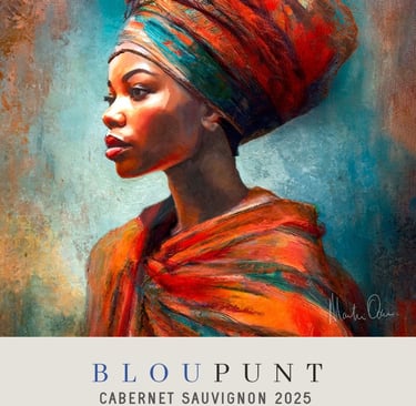 Thandiwe by Martin Osner featured on the 2025 Blou Punt Cabernet Sauvignon label – a vibrant portrait of an African woman